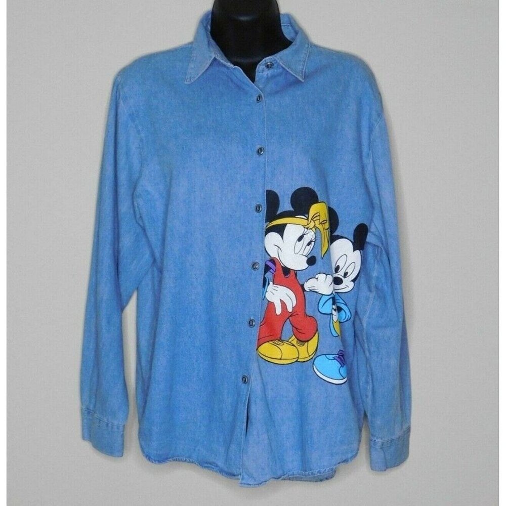 Mickey Unlimited‎ Denim Shirt Sz Med Vintage 90s Button Up Mickey & Minnie Mouse